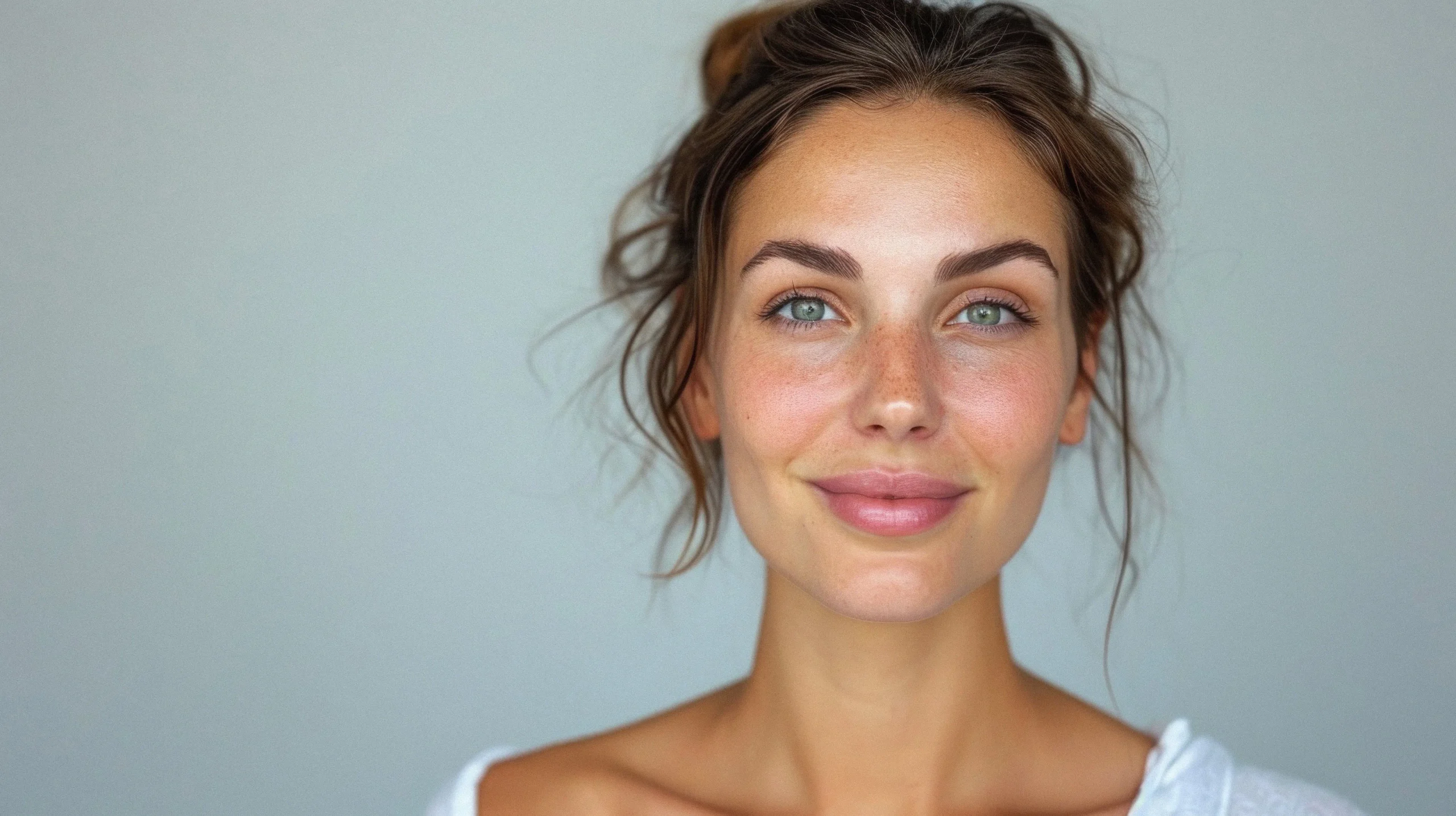Woman with light skin and green eyes smiling, wearing a white top against a gray background.